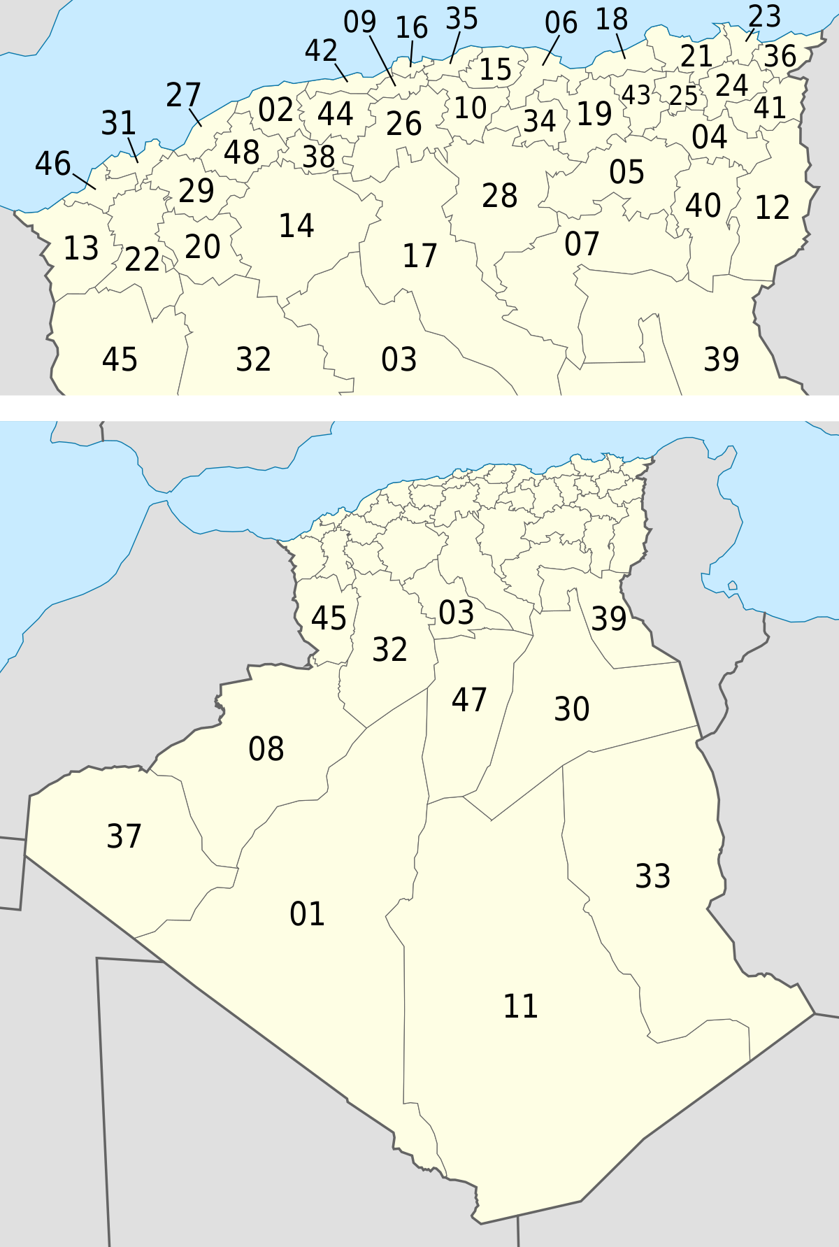 تقسيم الجزائر الإداري , خريطة الولايات الجزائرية